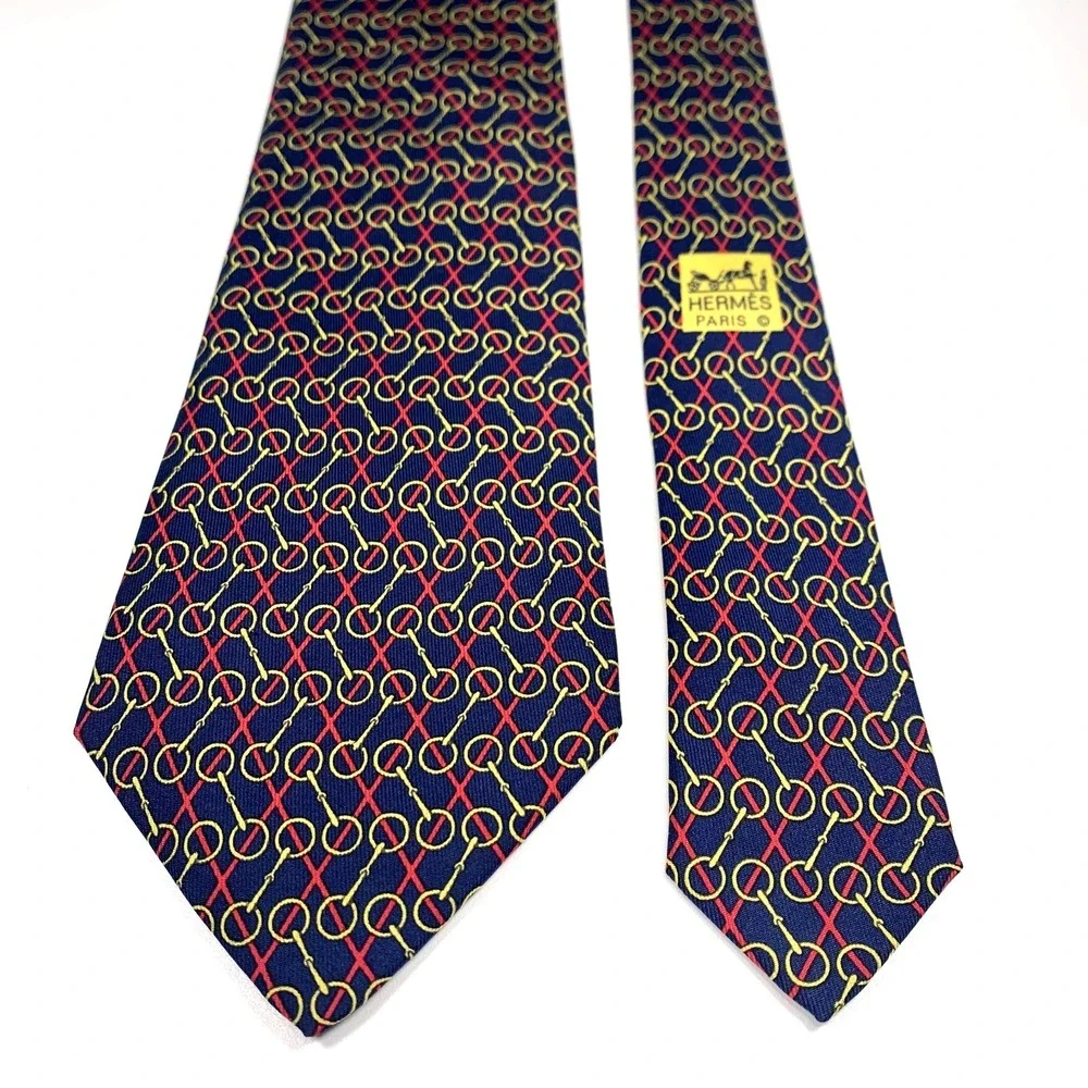 Hermes Paris Mens Tie Navy with Red Stripes & Equestrian Chains 7457 Silk‎ EUC